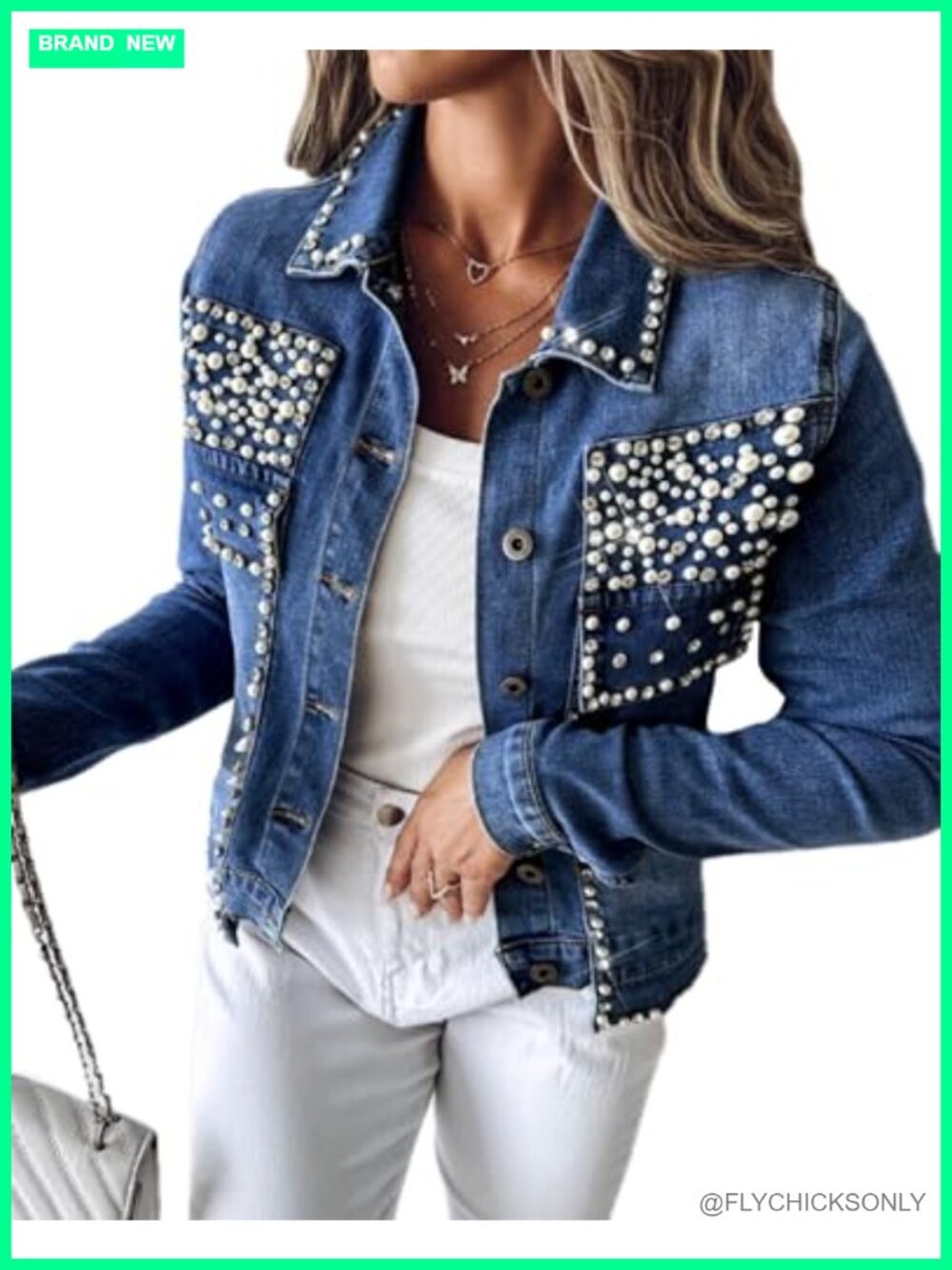 Pearl Denim Jacket Cropped Rhinestone Jean Blazer Coat Button Down